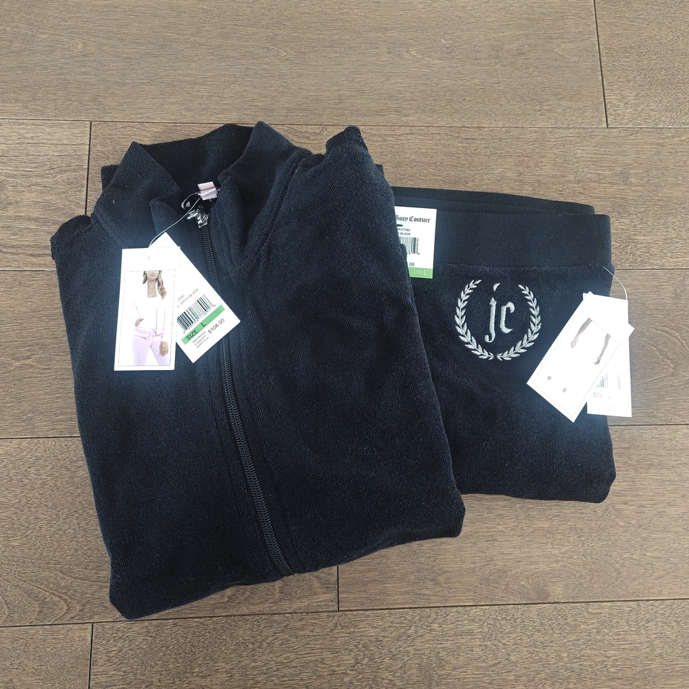 Juicy Couture Black Velour Jacket and Pants Set with White JC Laurel Logo
